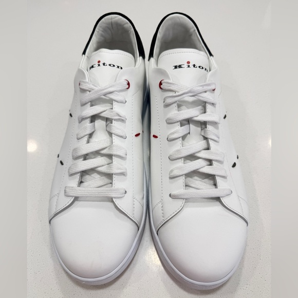 Kiton Men’s Suede-Trim Leather Logo Sneakers White Size 12 MSRP $1,000 (w/ COA) - Picture 2 of 14